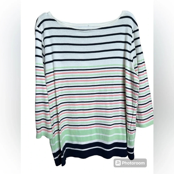 Talbot's Cream Blue, Peach and Green Striped 3/4 Sleeve Blouse- Women's 2X - Picture 2 of 6